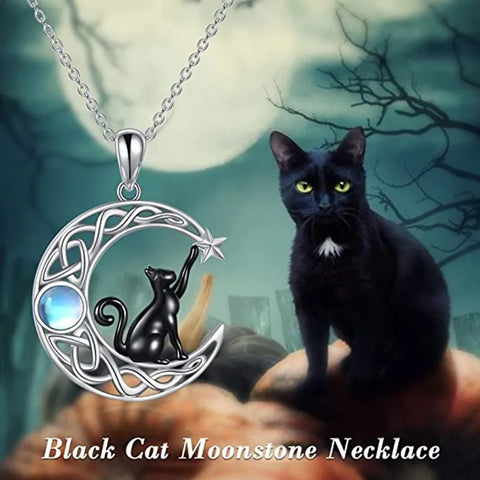 Black Cat Moonstone Pendant Necklace