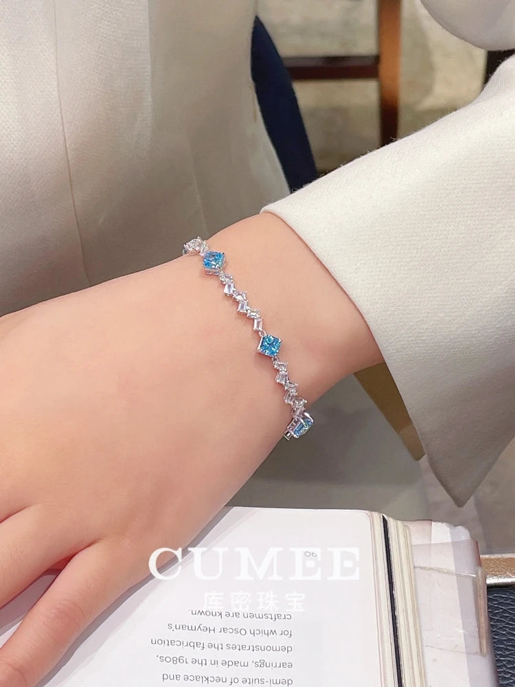 Cumee Cut Dainty Daily Square Princess Cultivate Synthetic Aquamarine Bracelet 925 Sterling Silver Gold Plated