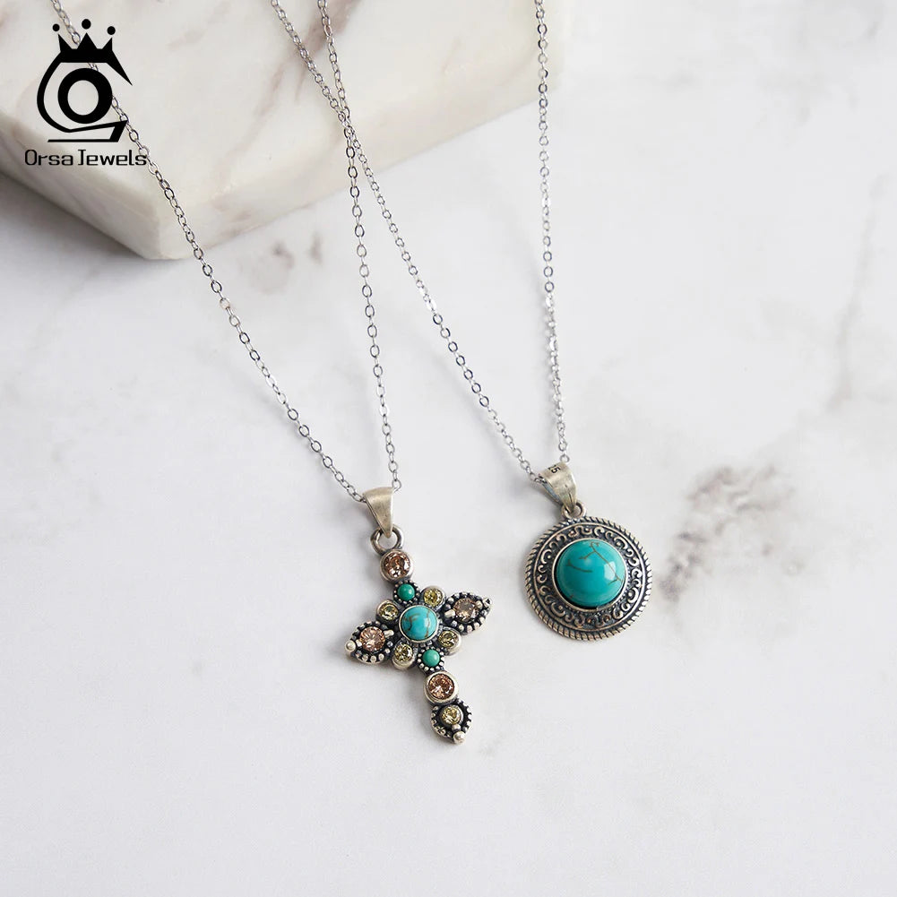 ORSA JEWELS Vintage Round Turquoise Pendant 925 Sterling Silver Oxide Natural Stone Necklace for Women Religious Jewelry GMN46