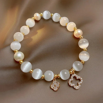 Kirykle Natural Crystal Bracelet for Women White Opal Stone Pearl Fashion Lucky Four-leaf Clover Women's Jewelry Bangles Gift