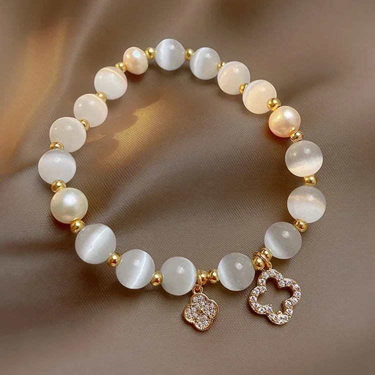Kirykle Natural Crystal Bracelet for Women White Opal Stone Pearl Fashion Lucky Four-leaf Clover Women's Jewelry Bangles Gift