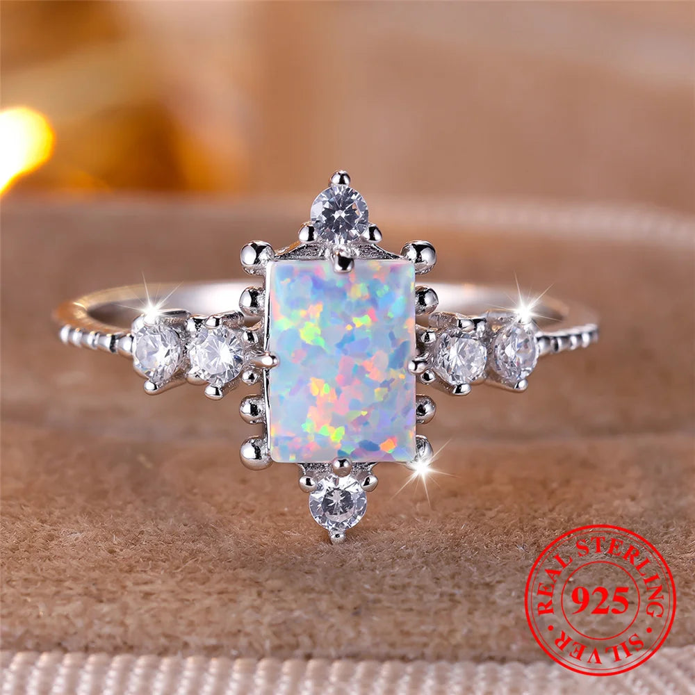 Cute Female Natural White Fire Opal Stone Square Ring Real 925 Sterling Silver Wedding Jewelry For Women