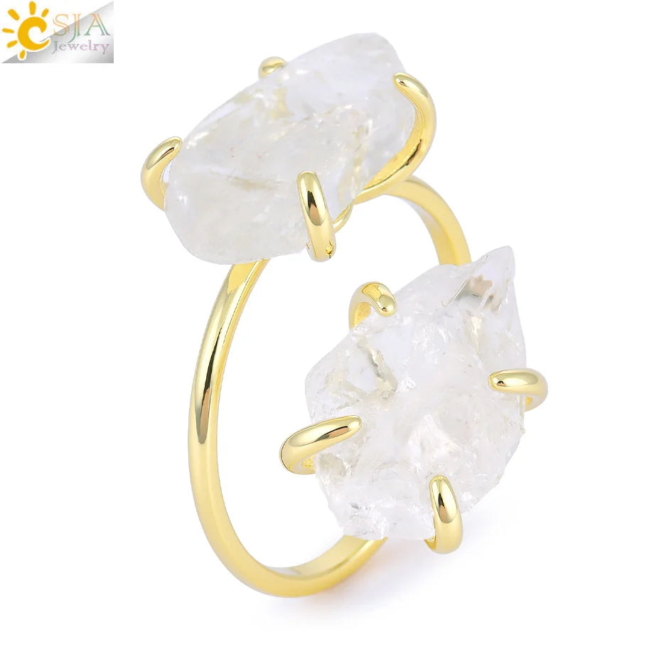 CSJA Irregular Crystal Open Ring Healing Natural Amethysts Citrine Double Gems Stone Claw Finger Rings Jewelry Accessories H584