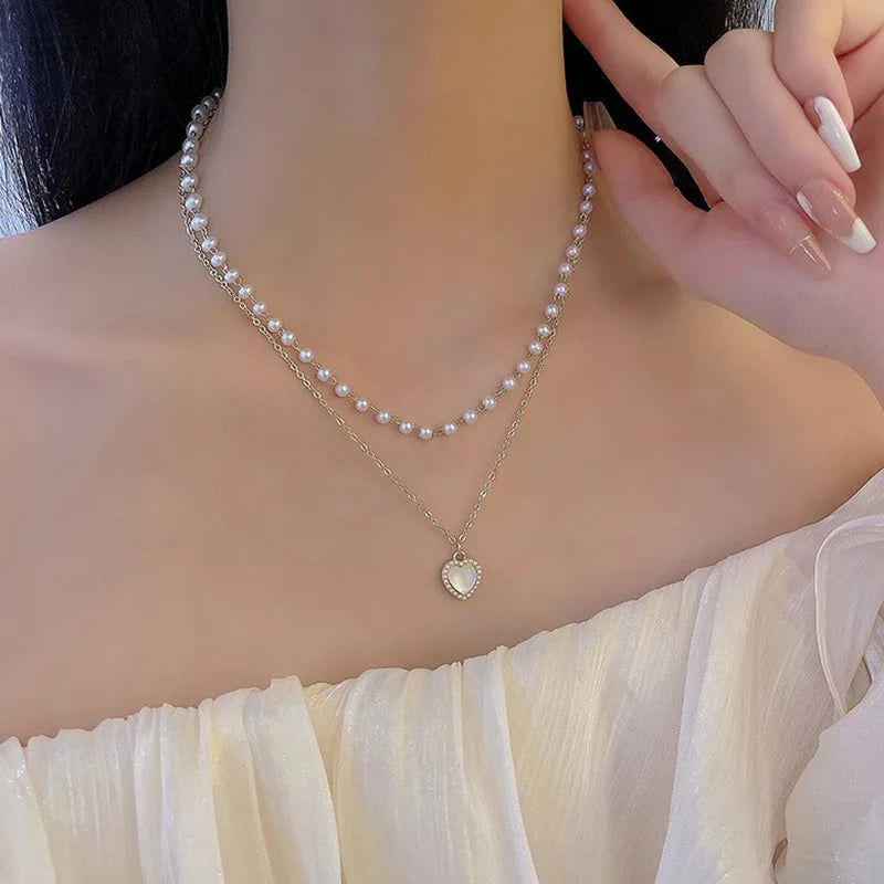 Love Heart Pendant Pearl Chain Necklace