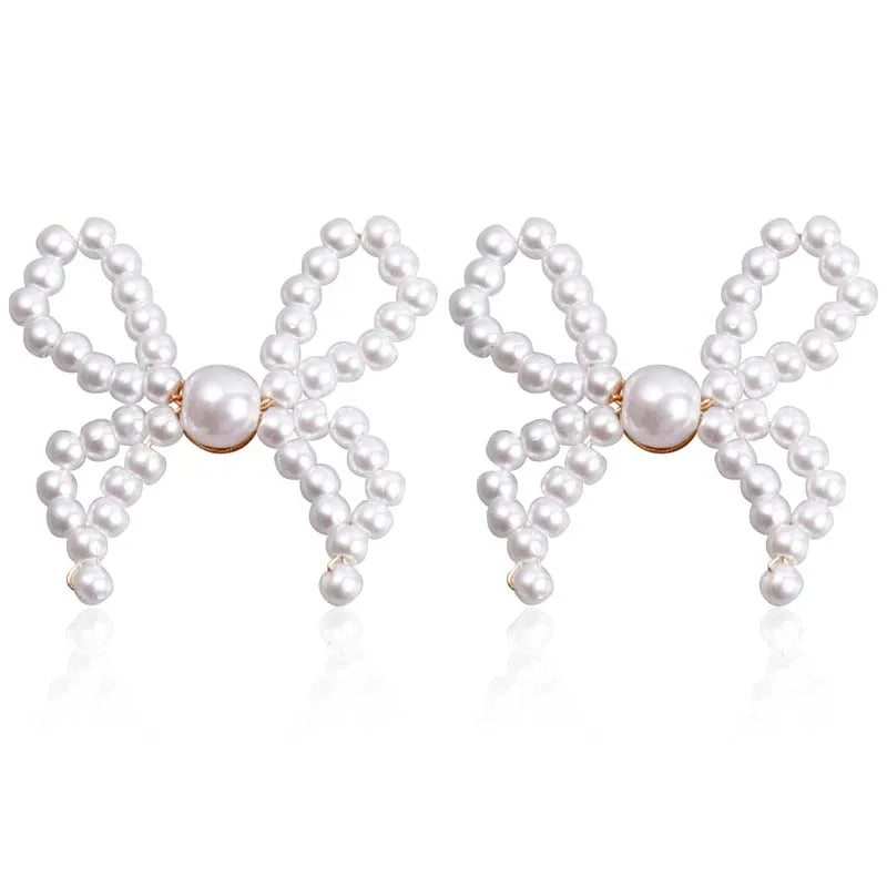 Vintage White Imitation Pearl Bowknot Stud Earrings for Women Elegant Handmade Woven Beaded Statement Earrings  Jewelry 2024