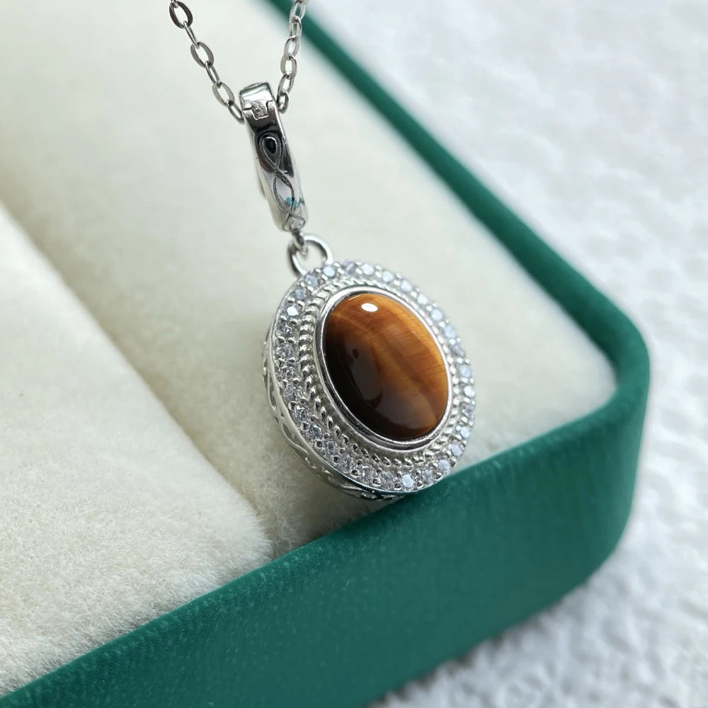 925 Sterling Silver Natural Moonstone Pendants Oval 10*14MM Skeleton Simple Design Necklace With Crystal For Women Men