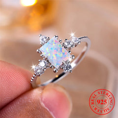 Cute Female Natural White Fire Opal Stone Square Ring Real 925 Sterling Silver Wedding Jewelry For Women
