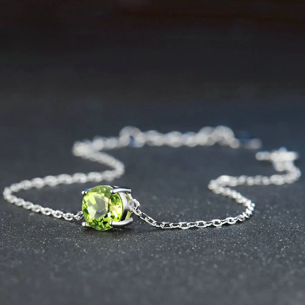 Lamoon 7mm Natural Round Cut Peridot 925 Sterling Silver Jewelry  Chain Charm Bracelet S925 LMHI039