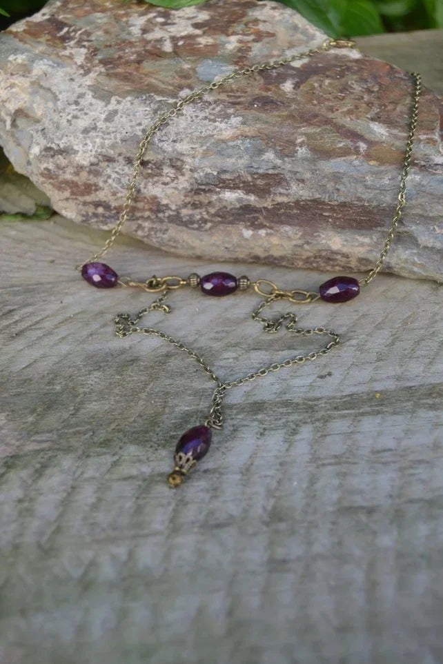 Antique Deep Red Garnet Birthstone Y-Drop Necklace