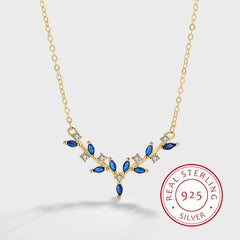 Classic Authentic S925 Silver Antler Elk Leaf Sapphire Geometric Pendant Necklace Jewelry for Women