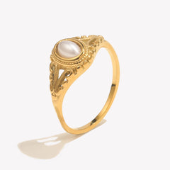 E.B.belle Thin 18K Gold Plated Hollow Texture Natural Freshwater Pearl Rings For Women Stainless Steel Tarnish Free Gold Ring
