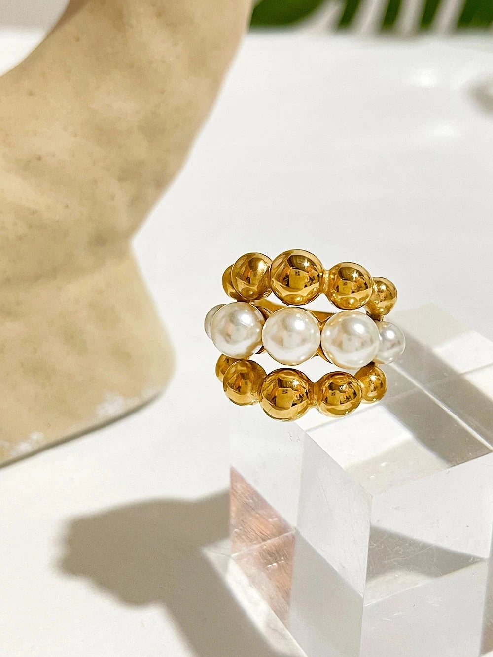 Stainless Steel Chunky Gold Plated Ball Faux Pearl Ring