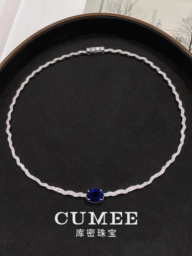 CUMEE Minimalist Luxury Wave Necklace with Royal Blue Cultured Synthetic Sapphire Necklace. 925 Silver Gold-plated