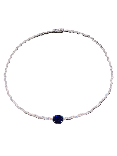 CUMEE Minimalist Luxury Wave Necklace with Royal Blue Cultured Synthetic Sapphire Necklace. 925 Silver Gold-plated