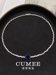 CUMEE Minimalist Luxury Wave Necklace with Royal Blue Cultured Synthetic Sapphire Necklace. 925 Silver Gold-plated