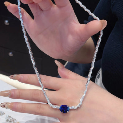 CUMEE Minimalist Luxury Wave Necklace with Royal Blue Cultured Synthetic Sapphire Necklace. 925 Silver Gold-plated