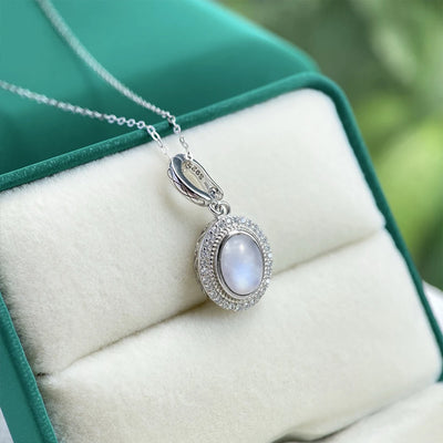 925 Sterling Silver Natural Moonstone Pendants Oval 10*14MM Skeleton Simple Design Necklace With Crystal For Women Men
