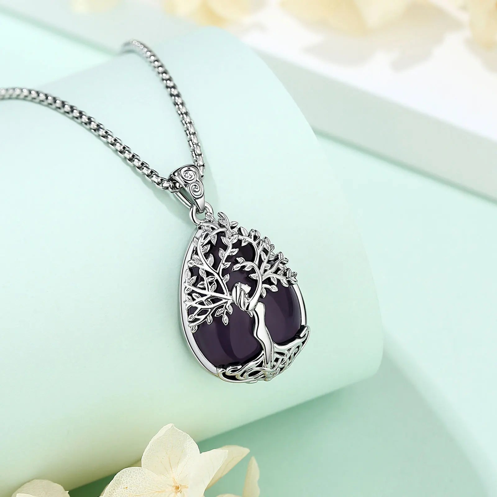 AEONSLOVE Tree of Life Necklace for Women Natural Amethyst Healing Stones Water Drop Pendant Spiritual Jewelry Birthday Gifts