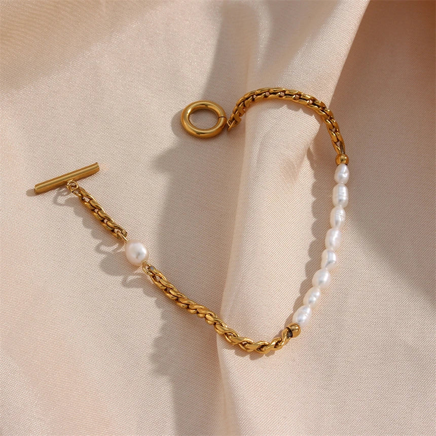316L Stainless Steel Simplicity Vintage Irregular Shaped Imitate Pearl OT Buckle Chain Bracelets For Women Fashion Jewelry Gift