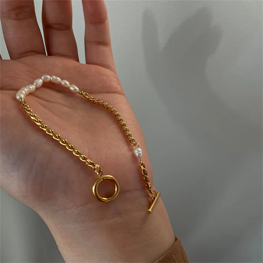 316L Stainless Steel Simplicity Vintage Irregular Shaped Imitate Pearl OT Buckle Chain Bracelets For Women Fashion Jewelry Gift