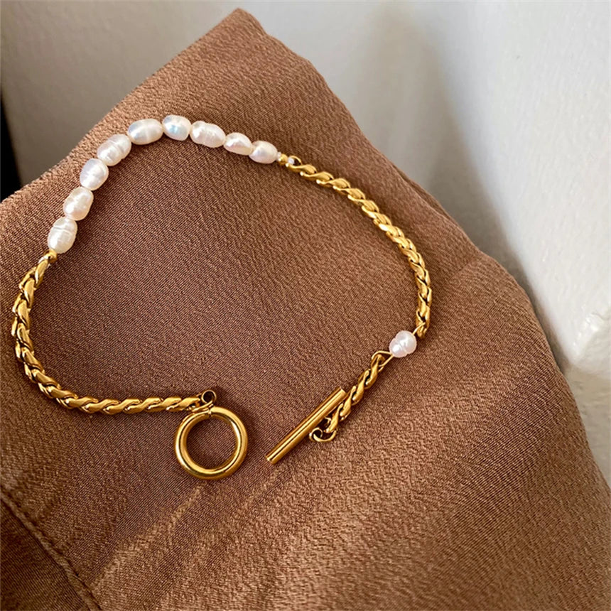 316L Stainless Steel Simplicity Vintage Irregular Shaped Imitate Pearl OT Buckle Chain Bracelets For Women Fashion Jewelry Gift