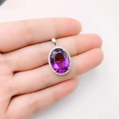 Luxury Oval Cut Amethyst Birthstone Pendant with Diamond Accent Halo