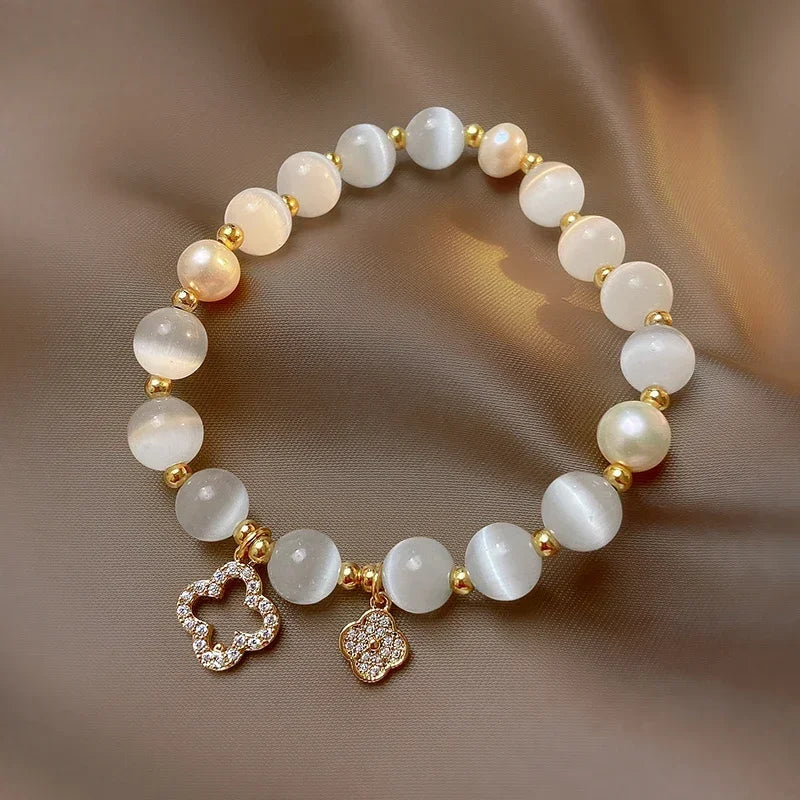 Kirykle Natural Crystal Bracelet for Women White Opal Stone Pearl Fashion Lucky Four-leaf Clover Women's Jewelry Bangles Gift