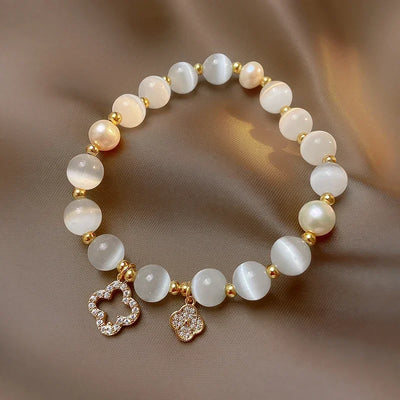 Kirykle Natural Crystal Bracelet for Women White Opal Stone Pearl Fashion Lucky Four-leaf Clover Women's Jewelry Bangles Gift