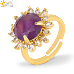 Sun Ring for Women Energy Natural Stone Amethysts Pink Quartz Bead Luxury Gold Color Finger Rings Jewelry H538