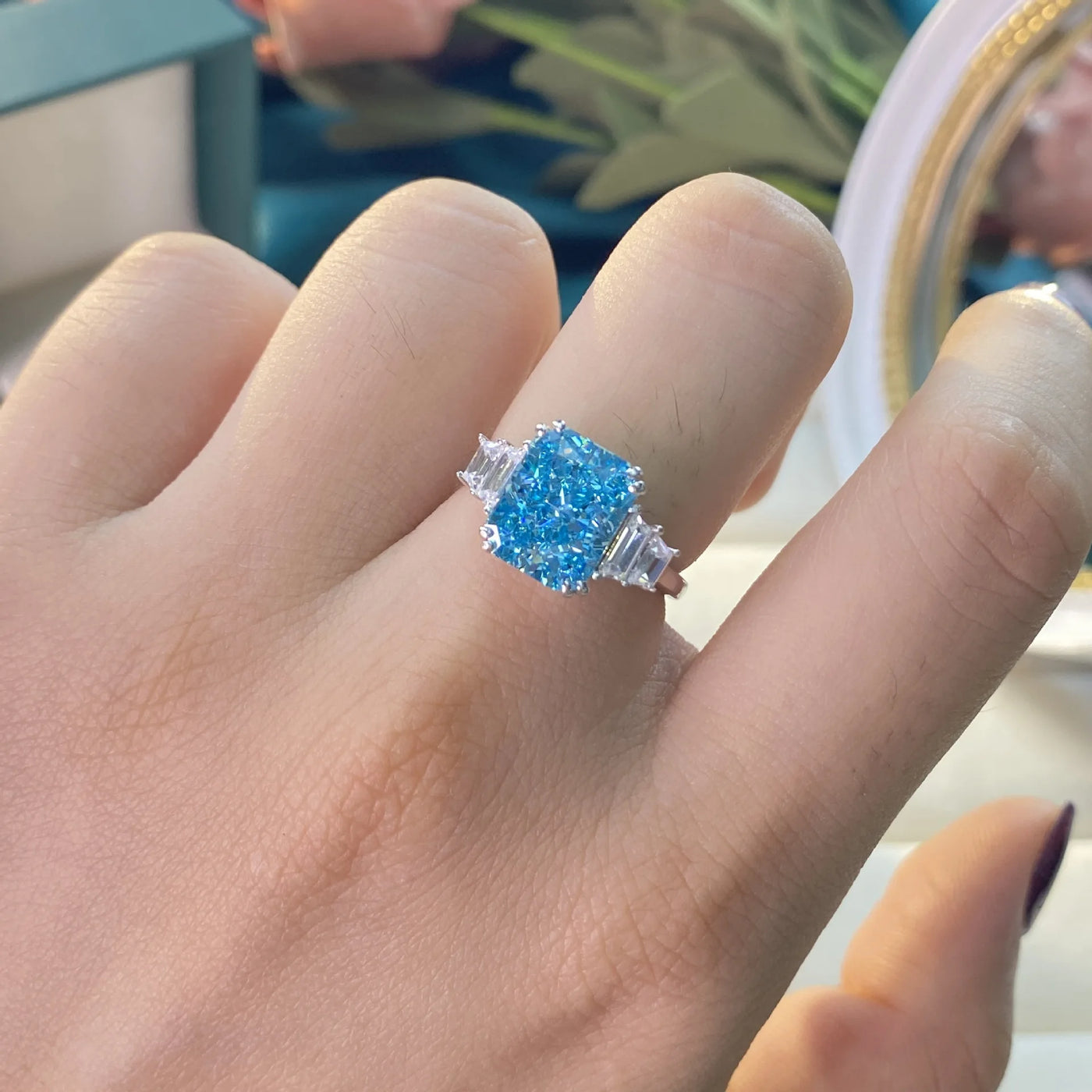 Romantic Moissanite Aquamarine Engagement Ring
