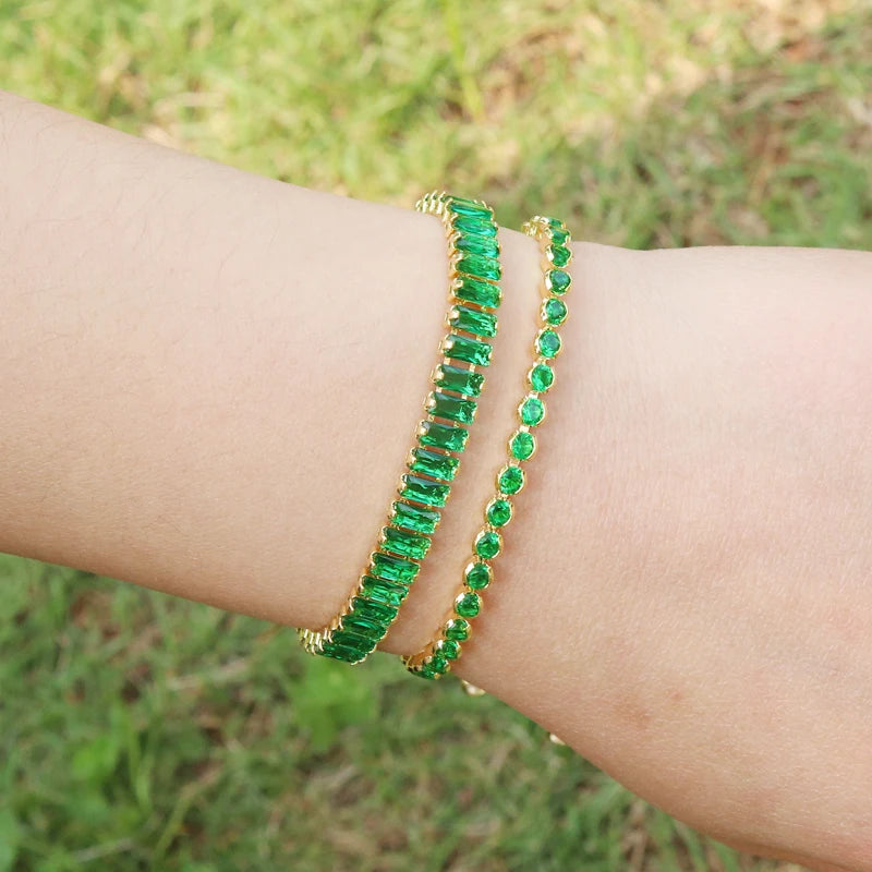 New Trendy Emerald Cubic Zirconia Jewelry 18K Gold Plated Charm Green CZ Crystal Tennis Female Bracelets Bangles for Women Gift