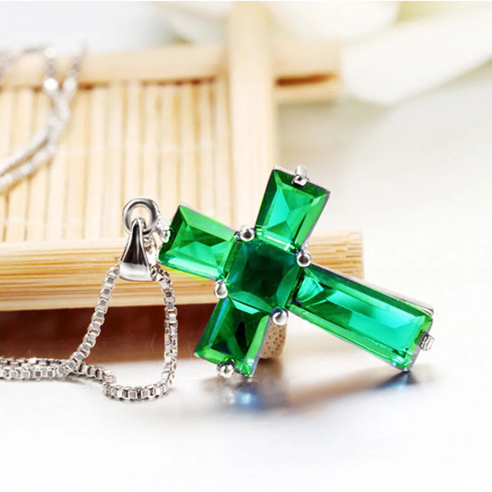 925 Sterling Silver Cross Emerald Pendant