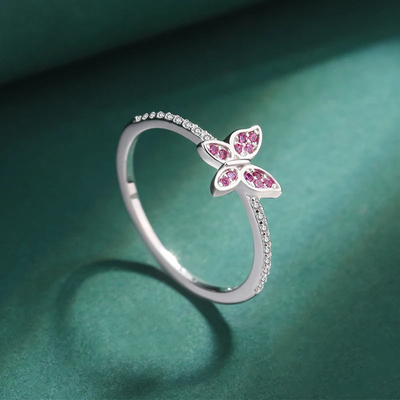 Classic Butterfly Ruby Full Diamond Couple Ring For Women Red Bow Original Genuine Sterling Silver Valentine's Day Gift Jewelry