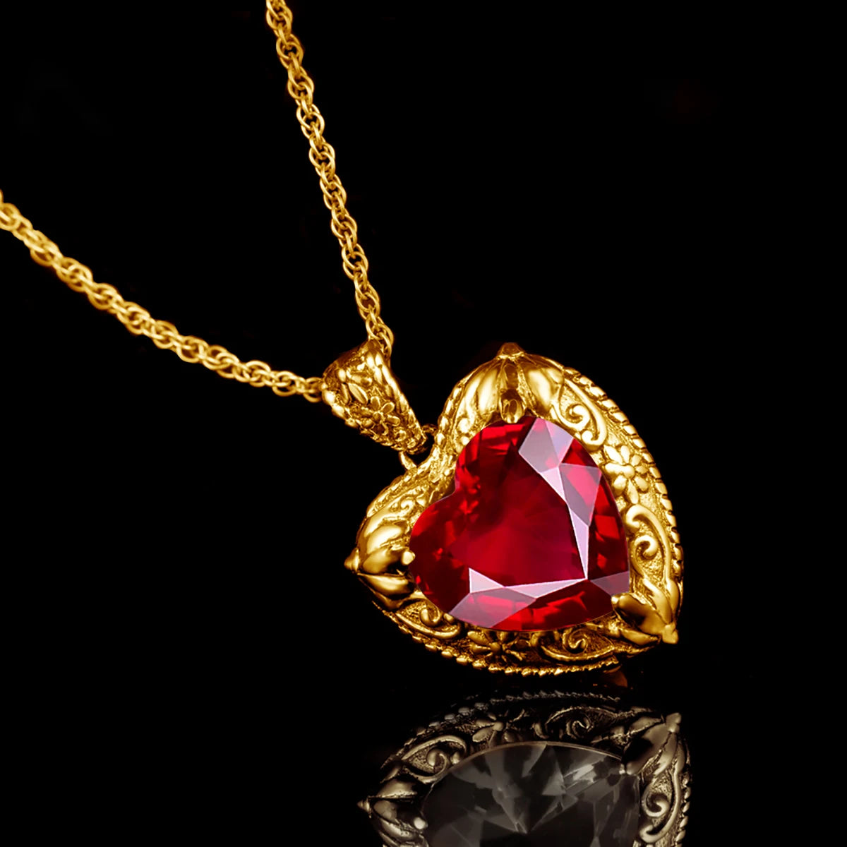 Gold Red Ruby Heart Necklace