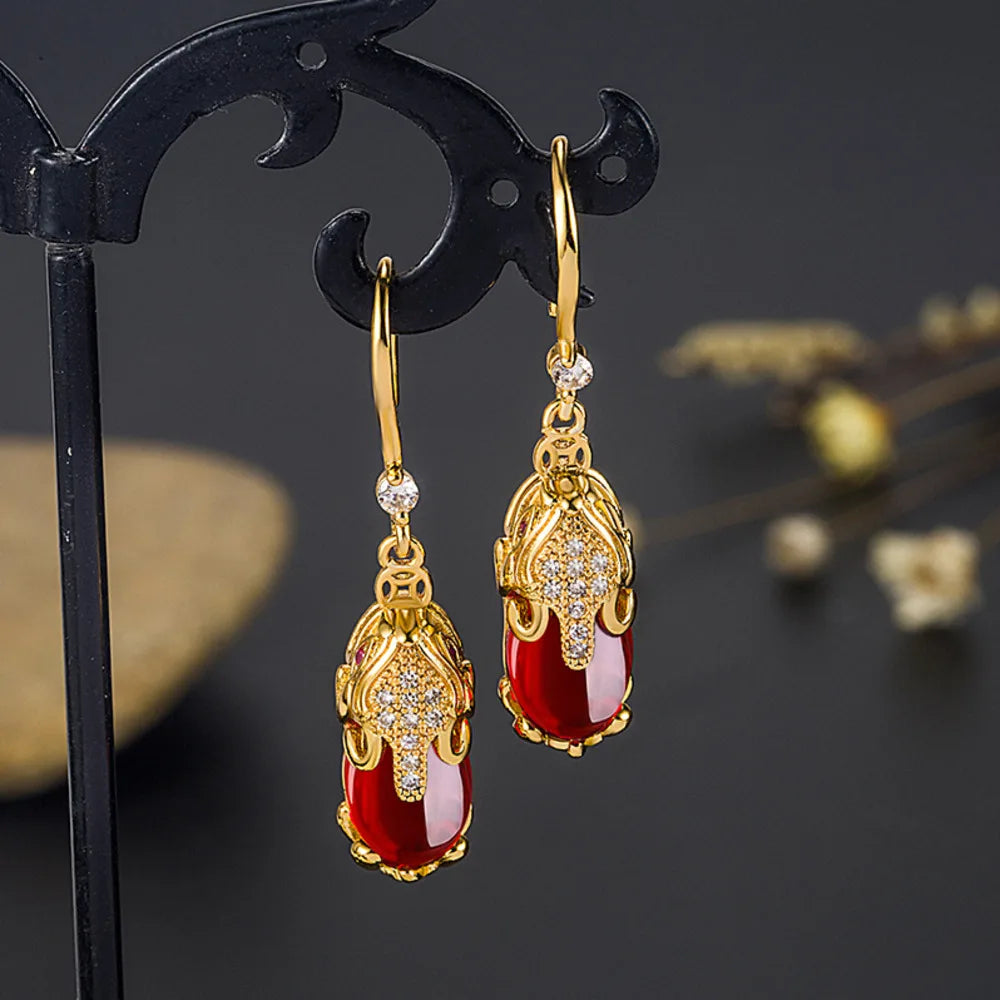 WOAIKATE Vintage Ruby Drop Earrings For Women 925 Sterling Silver With 18K Gold Plated Jewelry Elegant Hoop Earrings Party Gifts