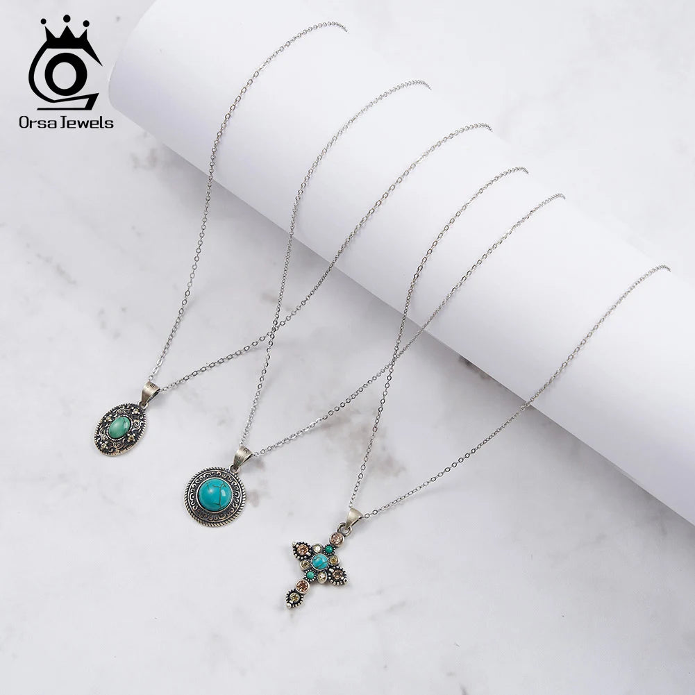 ORSA JEWELS Vintage Round Turquoise Pendant 925 Sterling Silver Oxide Natural Stone Necklace for Women Religious Jewelry GMN46