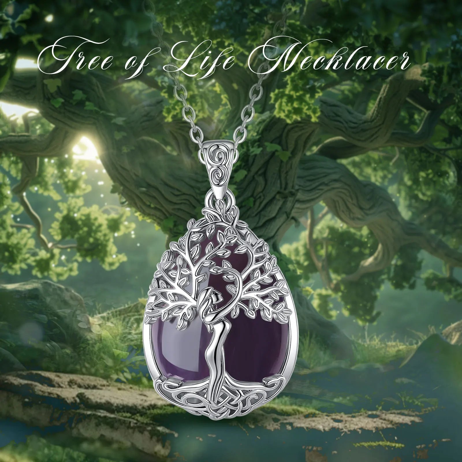 AEONSLOVE Tree of Life Necklace for Women Natural Amethyst Healing Stones Water Drop Pendant Spiritual Jewelry Birthday Gifts