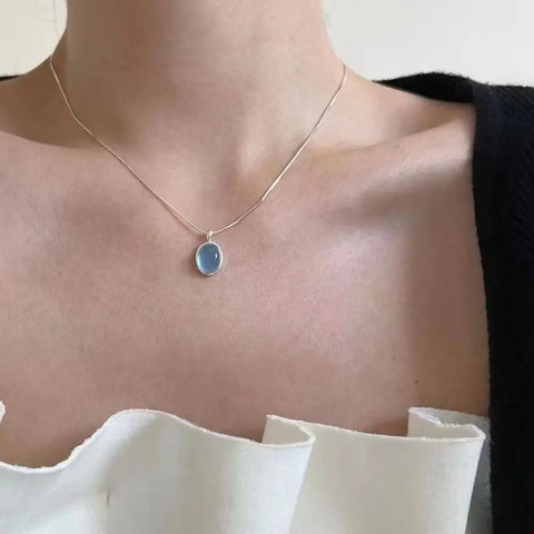 Oval Aquamarine Pendant Necklace with Snake Chain