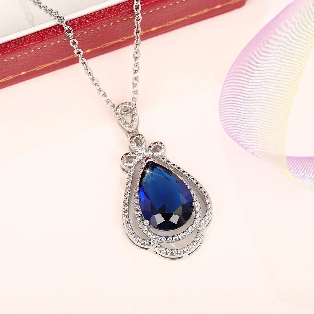 Flower 925 Sterling Silver Chocker Necklace Lab Sapphire Wedding Pendants Necklace For Women Bridal Promise Party Jewelry Gift