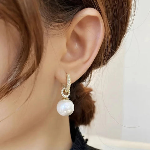 Silver-Plated Pearl Zircon Hoop Earrings