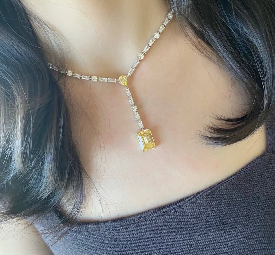 Wong Rain 100% 925 Sterling Silver Emerald Cut Citrine High Carbon Diamonds Gemstone Tennis Chain Pendant Necklace Fine Jewelry