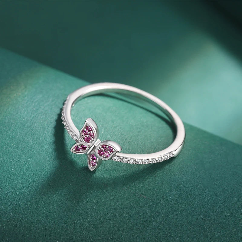Classic Butterfly Ruby Full Diamond Couple Ring For Women Red Bow Original Genuine Sterling Silver Valentine's Day Gift Jewelry
