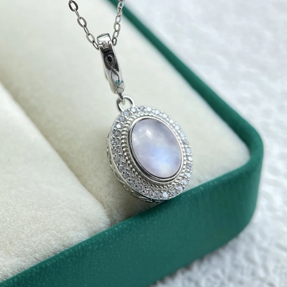 925 Sterling Silver Natural Moonstone Pendants Oval 10*14MM Skeleton Simple Design Necklace With Crystal For Women Men