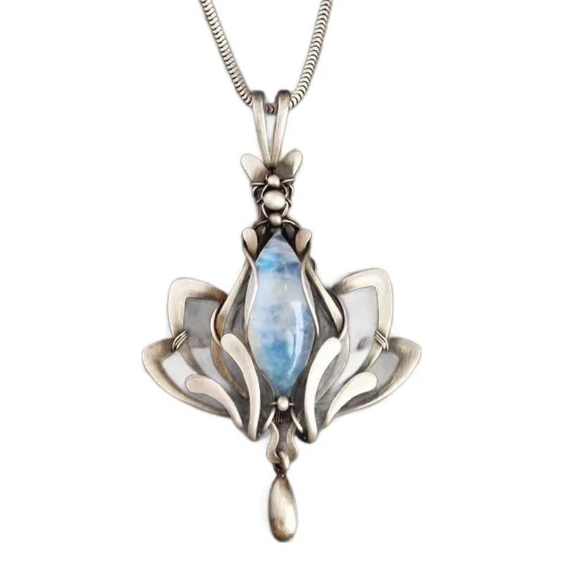 Gorgeous Lotus Pendant Necklace Magic Aesthetic Neck Accessory with Imitation Moonstone Elegant Women Anniversary Jewelry