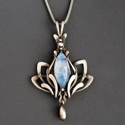Gorgeous Lotus Pendant Necklace Magic Aesthetic Neck Accessory with Imitation Moonstone Elegant Women Anniversary Jewelry