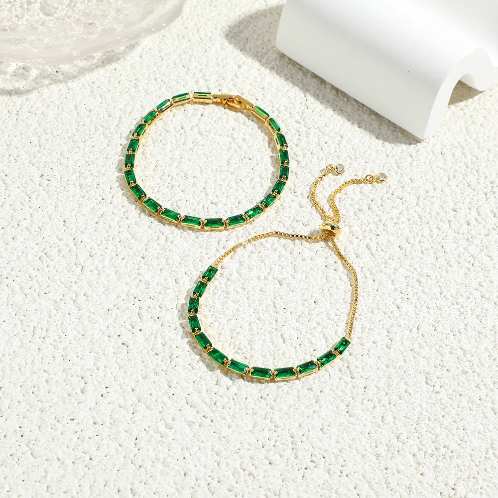 New Trendy Emerald Cubic Zirconia Jewelry 18K Gold Plated Charm Green CZ Crystal Tennis Female Bracelets Bangles for Women Gift
