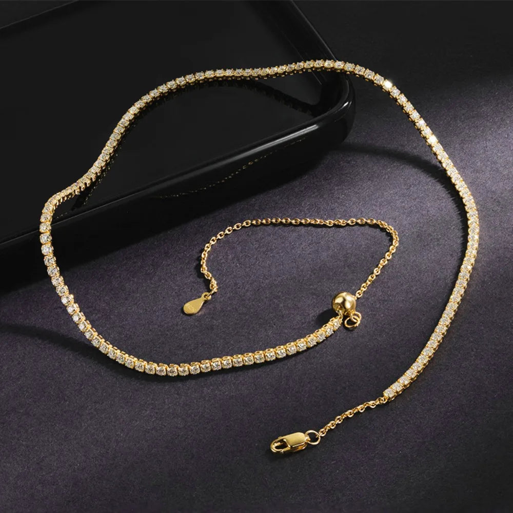 Moissanite Tennis Choker Necklace for Women S925 Silver Plated 18K Gold Adjustable Full Diamond Neck Chain