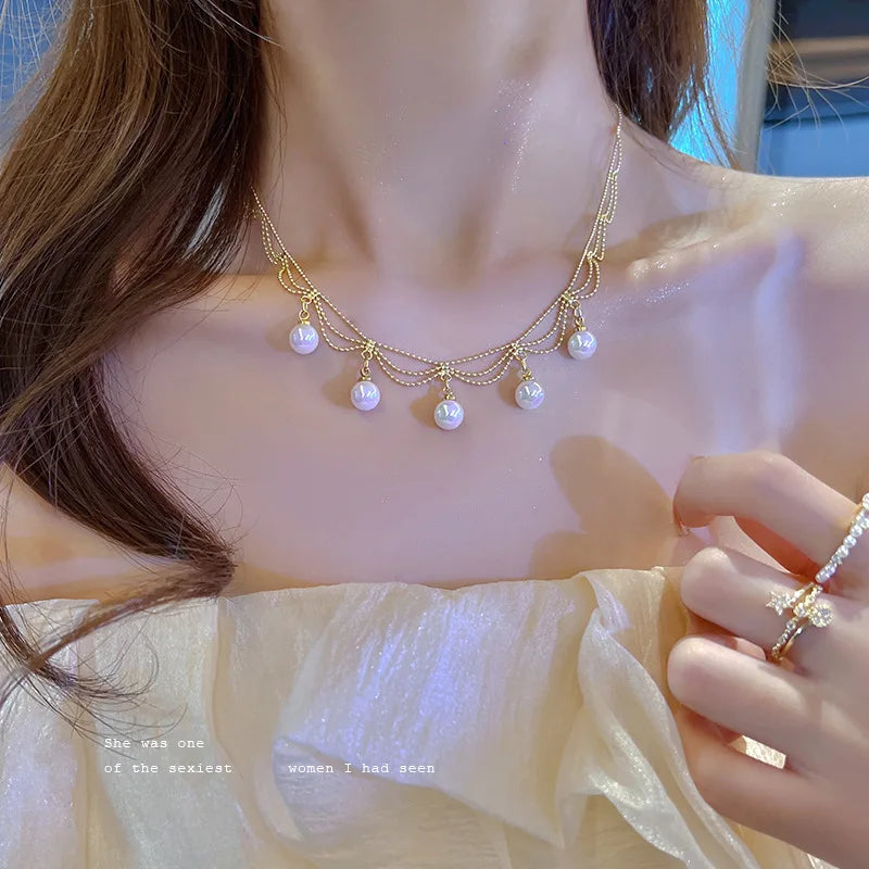 Simple Stacked Retro Imitation Emerald Green Pearl Multi-layer Necklace For Women Fashionable Jewelry Accessories Birthday Gifts