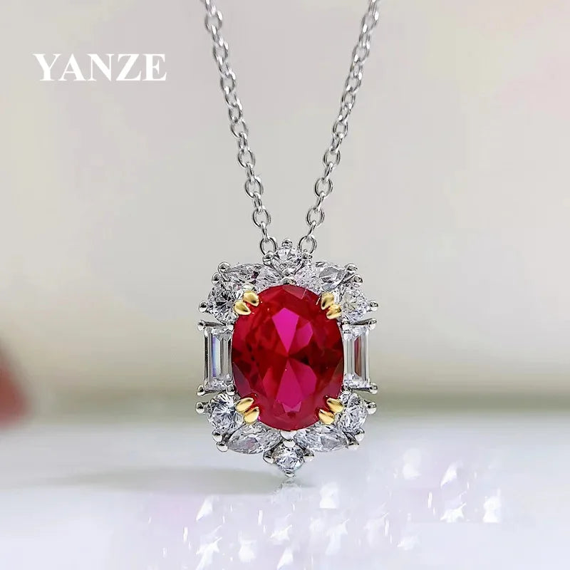 3ct Lab Grown Ruby Necklace For Wowen 925 Silver Plated 18k Gold Necklace