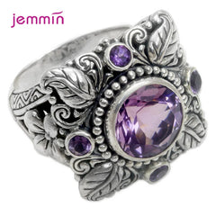Punk Style Vintage 100% Flower 925 Sterling Silver Round Natural Amethyst Wedding Engagement Rings For Women Fine Jewelry